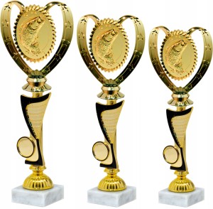 Trofea wędkarskie 3 złote puchary ryby karp wędkarstwo 30, 28, 25 cm opis
