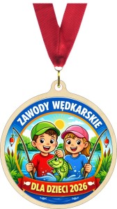 Medal wędkarski drewniany 6 cm z naklejką i wstążką WĘDKARSTWO ryby spławik