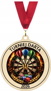 Medal darterski 6 cm drewniany medal na DART rzutki etykieta wstążka opis
