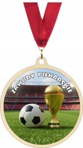 Medal piłkarski drewniany 6 cm PIŁKA NOŻNA medal z etykietą i wstążką OPIS