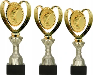 Zestaw 3 pucharów wędkarskich 26-24 cm złote trofea z rybą z opis GRATIS