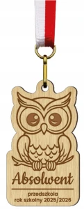 Medal drewniany Absolwent Przedszkola Sowa 2025/2026 zakończenie + wstążka