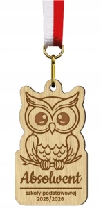 Medal drewniany Absolwent Szkoły Podstawowej 2025/2026 Sowa + wstążka