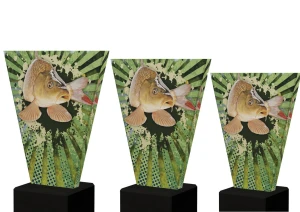 Zestaw 3 szklanych statuetek Wędkarstwo Karp+opis 22,20,15 cm