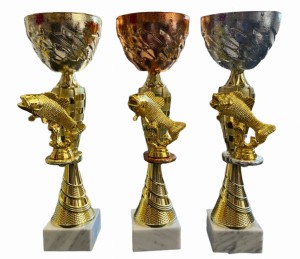 Puchary dla wędkarzy złoto srebro brąz z motywem ryby 36 cm + opis