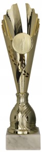 Duży złoty puchar 37 cm z dowolnym opisem i 5 cm emblematem