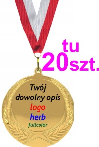 Złoty medal metalowy 7 cm DOWOLNY OPIS jednostronny wstążka TU KPL 20 SZTUK