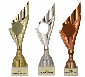 Komplet 3 pucharów złoto/srebro/brąz + opis+ emblemat 29,5 cm zestaw