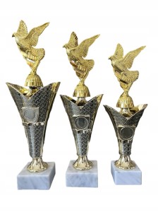 Zestaw pucharów z gołębiem Gołębie gołąb loty przodownik 33,31,29 cm + opis