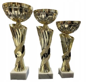 Zestaw pucharów z emblematem i opisem, 3 puchary złote 36, 34, 29 cm