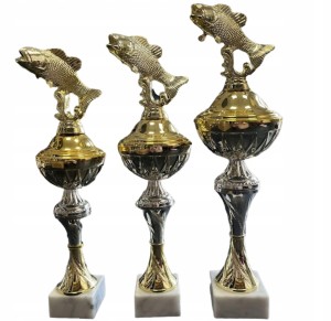 Zestaw 3 Pucharów Wędkarskich z Rybą Trofea I II III Miejsce opis 37/34/32